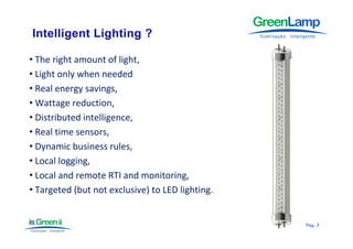 • The right amount of light,
• Light only when needed
• Real energy savings,
• Wattage reduction,
• Distributed intelligence,
• Real time sensors,
• Dynamic business rules,
• Local logging,
• Local and remote RTI and monitoring,
• Targeted (but not exclusive) to LED lighting.


                                                  Pág.
                                                  Pág . 2
 