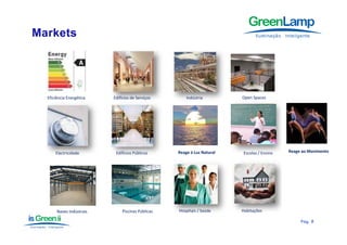 Variáveis de Ambiente
                                                                         Variáveis de Ocupação




Eficiência Energética   Edifícios de Serviços          Indústria              Open Spaces




    Electricidade        Edifícios Públicos        Reage à Luz Natural
                                                 Optimização Processos        Escolas / Ensino   Reage ao Movimento
                                                                                                 R        M i    t




     Naves Indústrais   Análise de Estruturas
                             Piscinas Públicas      Hospitais / Saúde         Habitações

                                                                                                      Pág.
                                                                                                      Pág . 8
 