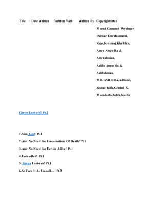 Title Date Written Written With Written By Copyrightdated
Murad Camarad Wysinger
Dubsac Entertainment,
Kujo,Kristianj,Khalifah,
Aztex Amen-Ra &
Aztexahmian,
Aalifa Amen-Ra &
Aalifahmian,
MR. AMOURA,A-Bomb,
Zodiac Killa,Gemini X,
Muzadalifa,Zalifa,Kalifa
Green Lant-ern! Pt.2
1.Sun- God! Pt.1
2.Anit No NeedFoe Un-carnation Of Death! Pt.1
3.Anit No NeedFoe Eatt-in A-live! Pt.1
4.Under-Bed! Pt.1
5. Green Lant-ern! Pt.1
6.So Fucc It As Un-well… Pt.2
 
