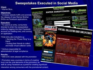Sweepstakes Executed in Social Media ,[object Object],[object Object],[object Object],[object Object],[object Object],[object Object],[object Object],[object Object],[object Object],[object Object],[object Object],[object Object],[object Object],[object Object],[object Object],[object Object]