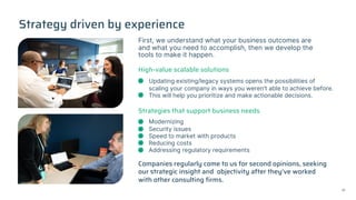 Strategy driven by experience
First, we understand what your business outcomes are
and what you need to accomplish, then we develop the
tools to make it happen.
Companies regularly come to us for second opinions, seeking
our strategic insight and objectivity after they’ve worked
with other consulting firms.
High-value scalable solutions
Strategies that support business needs
Updating existing/legacy systems opens the possibilities of
scaling your company in ways you weren't able to achieve before.
This will help you prioritize and make actionable decisions.
Modernizing
Security issues
Speed to market with products
Reducing costs
Addressing regulatory requirements
10
 