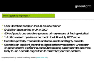 Why search is important? Over 32 million people in the UK are now online* £42 billion spent online in UK in 2007 * 90% of people use search engines as primary means of finding websites * 1.4 billion search queries carried out in the UK in July 2007 alone Search is perfectly measurable and accountable and highly scalable Search is an excellent channel to attract both new customers who search on generic terms like ‘car insurance’ and existing customers who are more likely to use a search engine than to remember your web address  * Figures provided by Internet Advertising Bureau ( www.iabuk.net ) 