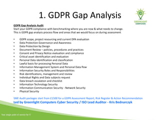 1. GDPR Gap Analysis
GDPR Gap Analysis Audit
Start your GDPR compliance with benchmarking where you are now & what needs to change.
This is GDPR gap analysis process flow and areas that we would focus on during assessment
• GDPR scope, project resourcing and current DPA evaluation
• Data Protection Governance and Awareness
• Data Protection by Design
• Document Review – policies, procedures and practices
• Consent and Privacy Notice evaluation and compliance
• Critical asset identification and evaluation
• Personal Data identification and classification
• Lawful basis for processing Personal Data
• Information Management System and Personal Data flow
• Information Security Roles and Responsibilities
• Risk identifications, management and review
• Individual Rights and Data subjects request
• Data breach escalation and checklist
• Information Technology Security
• Information Communication Security - Network Security
• Physical Security
SME Audit packages start from £1500 for a GDPR Assessment Report, Risk Register & Action Recommendation
Led by Greenlight Computers Cyber Security / ISO Lead Auditor - Kris Bednarczyk
 