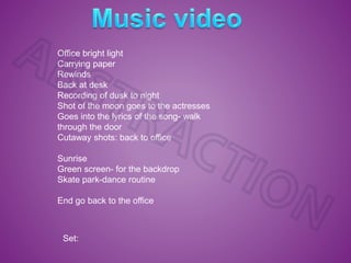 Set:
Office bright light
Carrying paper
Rewinds
Back at desk
Recording of dusk to night
Shot of the moon goes to the actresses
Goes into the lyrics of the song- walk
through the door
Cutaway shots: back to office
Sunrise
Green screen- for the backdrop
Skate park-dance routine
End go back to the office
 