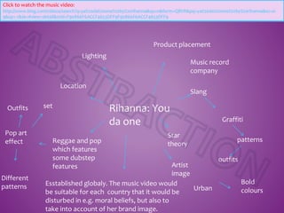 Product placement
Rihanna: You
da one
Pop art
effect
Star
theoryReggae and pop
which features
some dubstep
features
Click to watch the music video:
http://www.bing.com/videos/search?q=ya%20da%20one%20by%20rihanna&qs=n&form=QBVR&pq=ya%20da%20one%20by%20rihanna&sc=0-
9&sp=-1&sk=#view=detail&mid=F90866F6ACCF4653DFF9F90866F6ACCF4653DFF9
Different
patterns
Outfits
Lighting
Artist
image
Urban
outfits
Bold
colours
patterns
Slang
Graffiti
Location
set
Esstablished globaly. The music video would
be suitable for each country that it would be
disturbed in e.g. moral beliefs, but also to
take into account of her brand image.
Music record
company
 