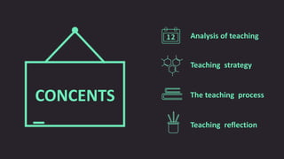 CONCENTS
Analysis of teaching
Teaching strategy
The teaching process
Teaching reflection
 