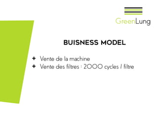 BUISNESS MODEL
+ Vente de la machine
+ Vente des filtres : 2000 cycles / filtre
 