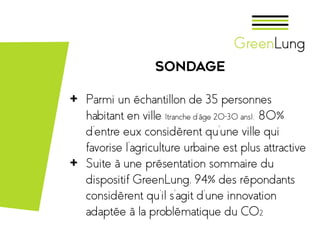 SONDAGE
+ Parmi un échantillon de 35 personnes
habitant en ville (tranche d’âge 20-30 ans), 80%
d’entre eux considèrent qu’une ville qui
favorise l’agriculture urbaine est plus attractive
+ Suite à une présentation sommaire du
dispositif GreenLung, 94% des répondants
considèrent qu’il s’agit d’une innovation
adaptée à la problématique du CO2
 