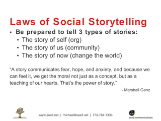 Laws of Social Storytelling Be prepared to tell 3 types of stories: The story of self (org) The story of us (community) The story of now (change the world) “ A story communicates fear, hope, and anxiety, and because we can feel it, we get the moral not just as a concept, but as a teaching of our hearts. That’s the power of story.” - Marshall Ganz 