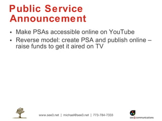 Public Service Announcement Make PSAs accessible online on YouTube Reverse model: create PSA and publish online – raise funds to get it aired on TV 