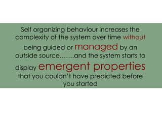 Self organizing behaviour increases the complexity of the system over time  without  being guided or  managed  by an outside source…….and the system starts to display  emergent properties  that you couldn’t have predicted before you started 