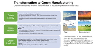 Green initiatives in the power sector
have the maximum impact on
reducing CO2 emissions followed by
transportation and then the industrial
sector
Transformation to Green Manufacturing
Green manufacturing involves transformation of industrial operations in three ways
Solar Wind energy
Tidal Biomass energy
• Natural sources like wind, water, sun light etc.
• Can be produced with little pollution, it's far more environmentally-friendly than
othertypesofenergy
• Does not contributeto climate change or global warming like traditional energy
sources
Green
Energy
• Seek to minimize the impact of the manufacturing process on the environment at
every stage
GOALS
• Minimize emissions, effluents, and accidents Minimize the use of virgin materials and
• non-renewable forms of energy
• Minimize the life-cycle cost of products or services
Green
Process
• Energy efficient, durable and often have low maintenance requirements. Free of
Ozone depleting chemicals and don't produce toxic by-products
• Often made of recycled materials or content or from renewable and sustainable
sources.
• Biodegradable or easily reused either in part or as a whole
Green
Products
 