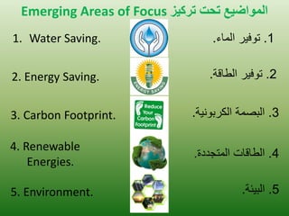 Emerging Areas of Focus الوواضيع ححج حركيز 
1.Water Saving. 
2. Energy Saving. 
3. Carbon Footprint. 
4. Renewable Energies. 
5. Environment. 
1 . توف رٌ الماء. 
2 . توف رٌ الطاقة. 
3 . البصمة الكربون ةٌ. 
4 . الطاقات المتجددة. 
5 . الب ئٌة. 
 