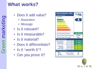 What works?

                    • Does it add value?
Green marketing


                        • Assurance
                        • Message
                    •   Is it relevant?
                    •   Is it measurable?
                    •   Is it material?
                    •   Does it differentiate?
                    •   Is it “worth it”?
                    •   Can you prove it?
 