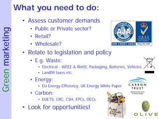 What you need to do:
                    • Assess customer demands
                       • Public or Private sector?
Green marketing


                       • Retail?
                       • Wholesale?
                    • Relate to legislation and policy
                       • E.g. Waste:
                          • Electrical - WEEE & RoHS, Packaging, Batteries, Vehicles
                          • Landfill taxes etc.
                       • Energy:
                          • EU Energy Efficiency, UK Energy White Paper
                       • Carbon:
                          • EUETS, CRC, CSH, EPCs, DECs

                    • Look for opportunities!
 