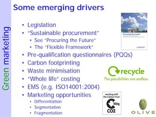 Some emerging drivers

                   • Legislation
Green marketing


                   • “Sustainable procurement”
                       • See “Procuring the Future”
                       • The “Flexible Framework”
                   •   Pre-qualification questionnaires (PQQs)
                   •   Carbon footprinting
                   •   Waste minimisation
                   •   “Whole life” costing
                   •   EMS (e.g. ISO14001:2004)
                   •   Marketing opportunities
                       • Differentiation
                       • Segmentation
                       • Fragmentation
 