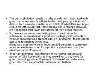 This cross-tabulation reveals that the brands most associated with green do not necessarily adhere to the most green practices as defined by Greenpeace, in the case of Dell, Hewlett-Packard, Apple and Microsoft. In contrast, some brands, like Samsung and Nokia, are not getting credit with consumers for their green realities.So, how are consumers evaluating brands’ environmental initiatives?  Information on a product’s packaging (33 percent) is twice as important as a product’s design (12 percent) to consumers assessing technology green-ness.Brand web sites are twice as important (32 percent) to consumers as a source of information for a product’s green-ness than their friends or peers (13 percent).Important to brands’ prioritization of marketing resources, 54 percent of 25-34 year-olds say they are willing to pay more for green technology, while 23 percent of those 65 and older say a green electronics approach is not important to them.