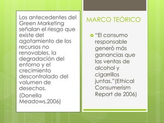  “El consumo
responsable
generó más
ganancias que
las ventas de
alcohol y
cigarrillos
juntas.”(Ethical
Consumerism
Report de 2006)
MARCO TEÓRICOLos antecedentes del
Green Marketing
señalan el riesgo que
existe del
agotamiento de los
recursos no
renovables, la
degradación del
entorno y el
crecimiento
descontrolado del
volumen de
desechos.
(Donella
Meadows,2006)
 