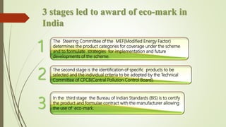 3 stages led to award of eco-mark in
India
The Steering Committee of the MEF(Modified Energy Factor)
determines the product categories for coverage under the scheme
and to formulate strategies for implementation and future
developments of the scheme.
The second stage is the identification of specific products to be
selected and the individual criteria to be adopted by the Technical
Committee of CPCB(Central Pollution Control Board).
In the third stage the Bureau of Indian Standards (BIS) is to certify
the product and formulae contract with the manufacturer allowing
the use of eco-mark.
1
2
3
 