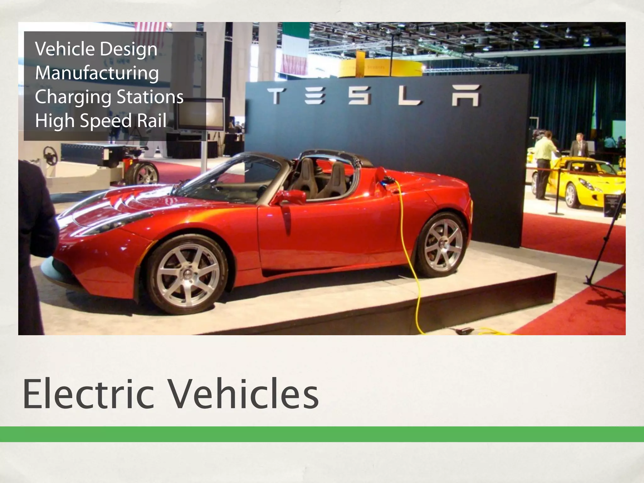 Vehicle Design
Manufacturing
Charging Stations
High Speed Rail




Electric Vehicles
 