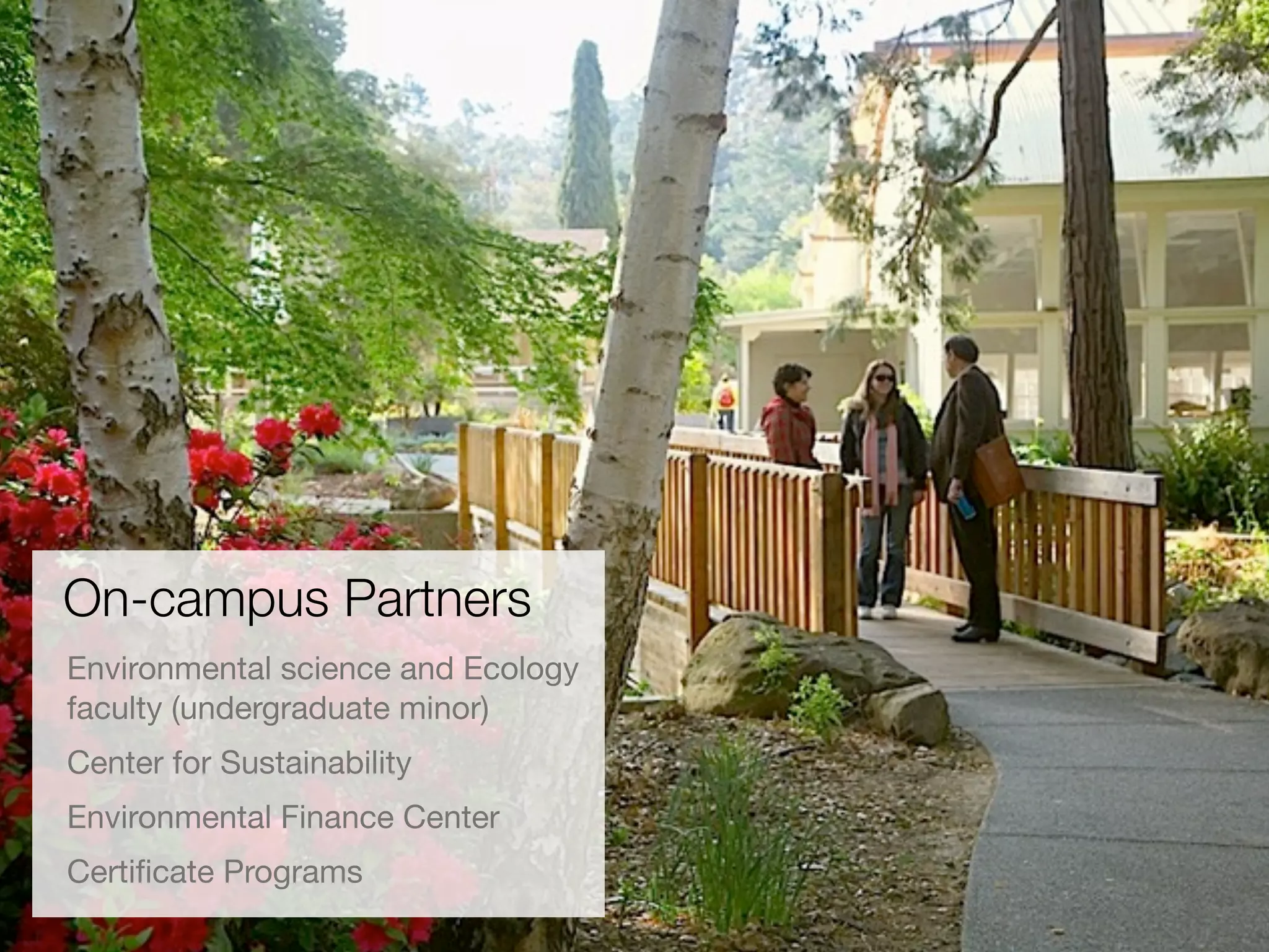 On-campus Partners
Environmental science and Ecology
faculty (undergraduate minor)
Center for Sustainability
Environmental Finance Center
Certiﬁcate Programs
 