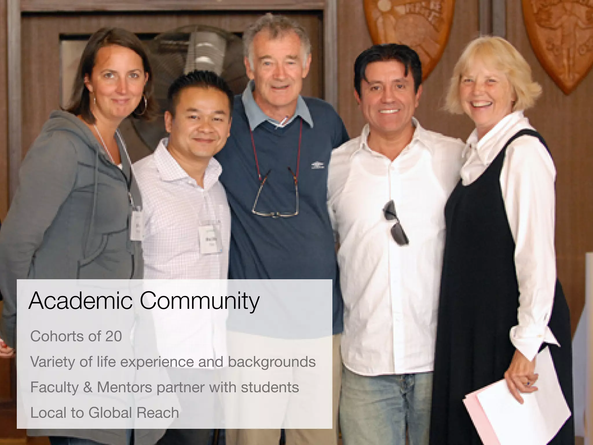 Academic Community
Cohorts of 20
Variety of life experience and backgrounds
Faculty & Mentors partner with students
Local to Global Reach
 