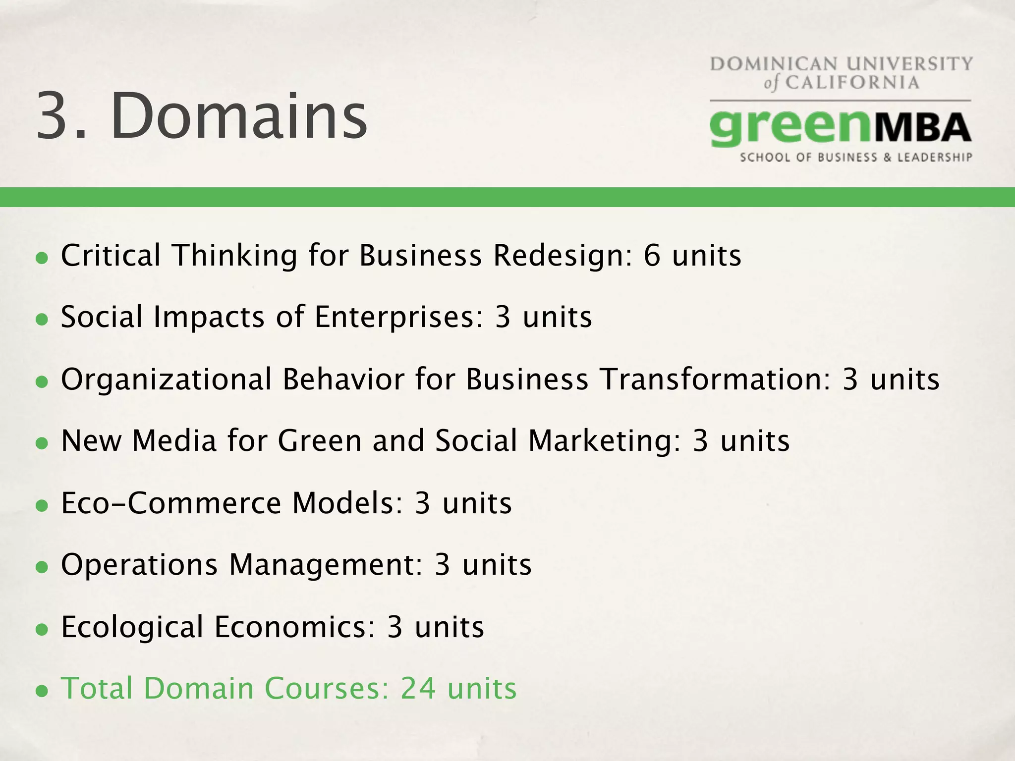 3. Domains

• Critical Thinking for Business Redesign: 6 units
• Social Impacts of Enterprises: 3 units
• Organizational Behavior for Business Transformation: 3 units
• New Media for Green and Social Marketing: 3 units
• Eco-Commerce Models: 3 units
• Operations Management: 3 units
• Ecological Economics: 3 units
• Total Domain Courses: 24 units
 