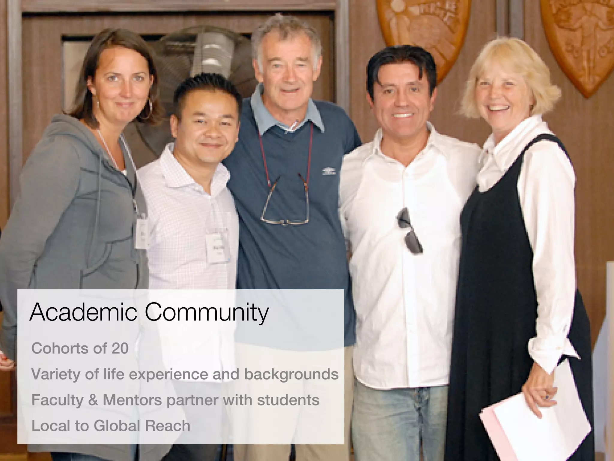 Academic Community
Cohorts of 20
Variety of life experience and backgrounds
Faculty & Mentors partner with students
Local to Global Reach
 