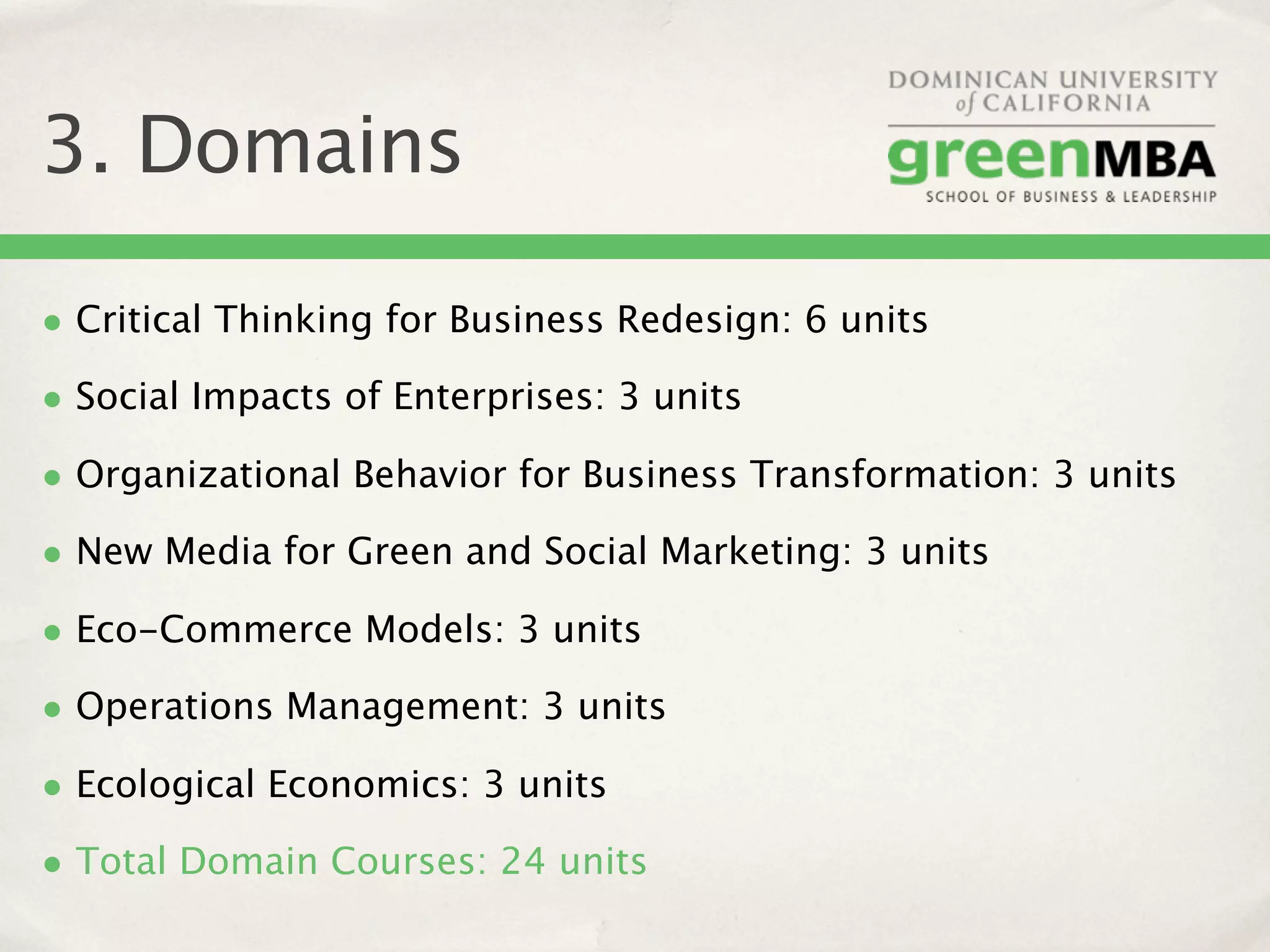 3. Domains

• Critical Thinking for Business Redesign: 6 units
• Social Impacts of Enterprises: 3 units
• Organizational Behavior for Business Transformation: 3 units
• New Media for Green and Social Marketing: 3 units
• Eco-Commerce Models: 3 units
• Operations Management: 3 units
• Ecological Economics: 3 units
• Total Domain Courses: 24 units
 