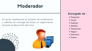Es quien implementa el sistema de moderación
y además se encarga de hacer un seguimiento
durante el desarrollo del foro.
Moderador
Encargado de :
Presentar
Iniciar
Explicar
Señalar
Temporizar
Seguir
Intervenir
Cierra
 
