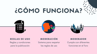 ¿CÓMO FUNCIONA?
MODERACIÓN
Sistema para respetar
las reglas de uso
MODERADOR
Cumple con diferentes
funciones en el foro
REGLAS DE USO
Reglas y condiciones
para la publicación
 
