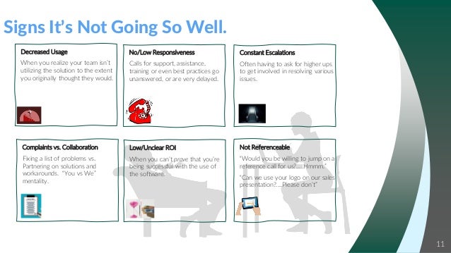 11
Signs It’s Not Going So Well.
Decreased Usage
When you realize your team isn’t
utilizing the solution to the extent
you originally thought they would.
No/Low Responsiveness
Calls for support, assistance,
training or even best practices go
unanswered, or are very delayed.
Not Referenceable
“Would you be willing to jump on a
reference call for us?.....Hmmm.”
“Can we use your logo on our sales
presentation?....Please don’t”
Complaints vs. Collaboration
Fixing a list of problems vs.
Partnering on solutions and
workarounds. “You vs We”
mentality.
Low/Unclear ROI
When you can’t prove that you’re
being successful with the use of
the software.
Constant Escalations
Often having to ask for higher ups
to get involved in resolving various
issues.
 
