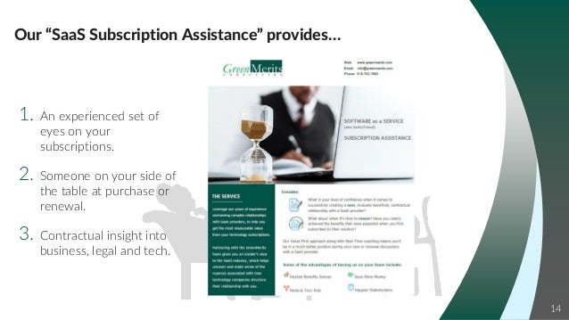 Our “SaaS Subscription Assistance” provides…
14
1. An experienced set of
eyes on your
subscriptions.
2. Someone on your side of
the table at purchase or
renewal.
3. Contractual insight into
business, legal and tech.
 