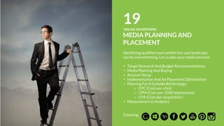 23.1
ONLINE ADVERTISING
SOCIAL MEDIA CAMPAIGNS
FACEBOOK
We understand whether you’re a big corporation or a
small local business, Facebook is a great space to keep
customers informed, and broaden your reach.
Facebook provides 3 ad positions:
• Desktop News feed
• Mobile News feed
• Right column ads.
 