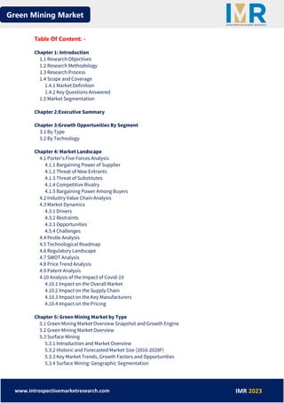 Green Mining Market
www.introspectivemarketresearch.com IMR 2023
Table Of Content: -
Chapter 1: Introduction
1.1 Research Objectives
1.2 Research Methodology
1.3 Research Process
1.4 Scope and Coverage
1.4.1 Market Definition
1.4.2 Key Questions Answered
1.5 Market Segmentation
Chapter 2:Executive Summary
Chapter 3:Growth Opportunities By Segment
3.1 By Type
3.2 By Technology
Chapter 4: Market Landscape
4.1 Porter's Five Forces Analysis
4.1.1 Bargaining Power of Supplier
4.1.2 Threat of New Entrants
4.1.3 Threat of Substitutes
4.1.4 Competitive Rivalry
4.1.5 Bargaining Power Among Buyers
4.2 Industry Value Chain Analysis
4.3 Market Dynamics
4.3.1 Drivers
4.3.2 Restraints
4.3.3 Opportunities
4.5.4 Challenges
4.4 Pestle Analysis
4.5 Technological Roadmap
4.6 Regulatory Landscape
4.7 SWOT Analysis
4.8 Price Trend Analysis
4.9 Patent Analysis
4.10 Analysis of the Impact of Covid-19
4.10.1 Impact on the Overall Market
4.10.2 Impact on the Supply Chain
4.10.3 Impact on the Key Manufacturers
4.10.4 Impact on the Pricing
Chapter 5: Green Mining Market by Type
5.1 Green Mining Market Overview Snapshot and Growth Engine
5.2 Green Mining Market Overview
5.3 Surface Mining
5.3.1 Introduction and Market Overview
5.3.2 Historic and Forecasted Market Size (2016-2028F)
5.3.3 Key Market Trends, Growth Factors and Opportunities
5.3.4 Surface Mining: Geographic Segmentation
 