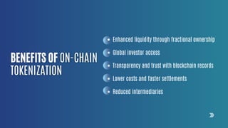 Enhanced liquidity through fractional ownership
Global investor access
Transparency and trust with blockchain records
Lower costs and faster settlements
Reduced intermediaries
 