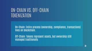 On-Chain: Entire process (ownership, compliance, transactions)
lives on blockchain.
Off-Chain: Tokens represent assets, but ownership still
managed traditionally.
 