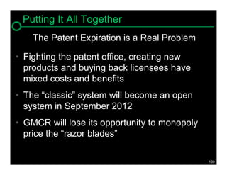 Putting It All Together
    The Patent Expiration is a Real Problem

• Fighting the patent office, creating new
  products and buying back licensees have
  mixed costs and benefits
• The “classic” system will become an open
  system in September 2012
• GMCR will lose its opportunity to monopoly
  price the “razor blades”

                                               100
 