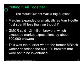 Putting It All Together
                     The March Quarter Was a Big Surprise

  • Margins expanded dramatically as Van Houtte
    “just spen[t] less than we thought”
  • GMCR sold 1.3 million brewers, which
    exceeded market expectations by about
    300,000 brewers (1)
  • This was the quarter where the former MBlock
    worker described the 500,000 brewers that
    were not to be inventoried
1. Janney Capital Markets research note published on May 9, 2011   101
 