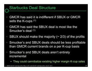 Starbucks Deal Structure

  • GMCR has said it is indifferent if SBUX or GMCR
    sells the K-cups (1)
  • GMCR has said the SBUX deal is most like the
    Smucker’s deal (1)
  • SBUX should make the majority (~ 2/3) of the profits
  • Smucker’s and SBUX deals should be less profitable
    than GMCR current brands on a per K-cup basis
  • Smucker’s and SBUX deals aren’t entirely
    incremental
             They could cannibalize existing higher margin K-cup sales
1. GMCR Q2 2011 earnings call on May 3, 2011 and Q3 2011 earnings call on July 27, 2011   37
 