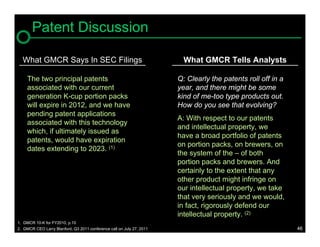 Patent Discussion

  What GMCR Says In SEC Filings                                          What GMCR Tells Analysts

     The two principal patents                                         Q: Clearly the patents roll off in a
     associated with our current                                       year, and there might be some
     generation K-cup portion packs                                    kind of me-too type products out.
     will expire in 2012, and we have                                  How do you see that evolving?
     pending patent applications
                                                                       A: With respect to our patents
     associated with this technology
                                                                       and intellectual property, we
     which, if ultimately issued as
                                                                       have a broad portfolio of patents
     patents, would have expiration
                                                                       on portion packs, on brewers, on
     dates extending to 2023. (1)
                                                                       the system of the – of both
                                                                       portion packs and brewers. And
                                                                       certainly to the extent that any
                                                                       other product might infringe on
                                                                       our intellectual property, we take
                                                                       that very seriously and we would,
                                                                       in fact, rigorously defend our
                                                                       intellectual property. (2)
1. GMCR 10-K for FY2010, p.10
2. GMCR CEO Larry Blanford, Q3 2011 conference call on July 27, 2011                                          46
 