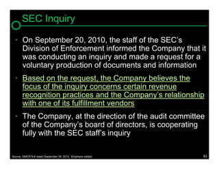 SEC Inquiry

  • On September 20, 2010, the staff of the SEC’s
    Division of Enforcement informed the Company that it
    was conducting an inquiry and made a request for a
    voluntary production of documents and information
  • Based on the request, the Company believes the
    focus of the inquiry concerns certain revenue
    recognition practices and the Company’s relationship
    with one of its fulfillment vendors
  • The Company, at the direction of the audit committee
    of the Company’s board of directors, is cooperating
    fully with the SEC staff’s inquiry

Source: GMCR 8-K dated September 28, 2010. Emphasis added.   83
 