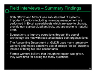 Field Interviews – Summary Findings
• Both GMCR and MBlock use sub-standard IT systems.
  Important functions including inventory management are
  performed in Excel spreadsheets which are easy to change,
  provide non-standardized analysis, and are prone to material
  error.
• Suggestions to improve operations through the use of
  technology are met with resistance inside both organizations
• The Accounting Department at GMCR uses many temporary
  workers and makes extensive use of college “co-op” students
  instead of hiring full time accountants
• Former workers believe that though no reason was given,
  they were fired for asking too many questions


                                                                 93
 