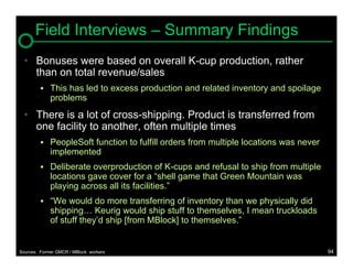 Field Interviews – Summary Findings
  • Bonuses were based on overall K-cup production, rather
    than on total revenue/sales
          This has led to excess production and related inventory and spoilage
             problems
  • There is a lot of cross-shipping. Product is transferred from
    one facility to another, often multiple times
          PeopleSoft function to fulfill orders from multiple locations was never
             implemented
          Deliberate overproduction of K-cups and refusal to ship from multiple
             locations gave cover for a “shell game that Green Mountain was
             playing across all its facilities.”
          “We would do more transferring of inventory than we physically did
             shipping… Keurig would ship stuff to themselves, I mean truckloads
             of stuff they’d ship [from MBlock] to themselves.”


Sources: Former GMCR / MBlock workers                                                94
 
