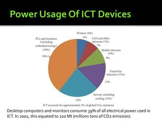 Desktop computers and monitors consume 39% of all electrical power used in
ICT. In 2002, this equated to 220 Mt (millions tons of CO2 emission).
 