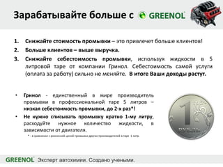 Зарабатывайте больше с
1. Снижайте стоимость промывки – это привлечет больше клиентов!
2. Больше клиентов – выше выручка.
3. Снижайте себестоимость промывки, используя жидкости в 5
литровой таре от компании Гринол. Себестоимость самой услуги
(оплата за работу) сильно не меняйте. В итоге Ваши доходы растут.
• Гринол - единственный в мире производитель
промывки в профессиональной таре 5 литров –
низкая себестоимость промывки, до 2-х раз*!
• Не нужно списывать промывку кратно 1-му литру,
расходуйте нужное количество жидкости, в
зависимости от двигателя.
* - в сравнении с розничной ценой промывки других производителей в таре 1 литр.
 