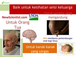 Baik untuk kesihatan seisi keluarga
                         Untuk wanita yang
NewScientist.com           mengandung
  Untuk Orang
      Tua

                         DHA membantu perkembangan
                         otak bagi fetus.


               Untuk kanak-kanak
                  yang cergas
 