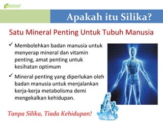 Apakah itu Silika?
Satu Mineral Penting Untuk Tubuh Manusia
? Membolehkan badan manusia untuk
  menyerap mineral dan vitamin
  penting, amat penting untuk
  kesihatan optimum
? Mineral penting yang diperlukan oleh
  badan manusia untuk menjalankan
  kerja-kerja metabolisma demi
  mengekalkan kehidupan.

Tanpa Silika, Tiada Kehidupan!
 
