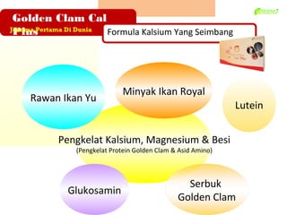 Golden Clam Cal
 Plus
Jenama Pertama Di Dunia
                        Formula Kalsium Yang Seimbang




                              Minyak Ikan Royal
    Rawan Ikan Yu
                                                              Lutein


           Pengkelat Kalsium, Magnesium & Besi
               (Pengkelat Protein Golden Clam & Asid Amino)



                                                 Serbuk
             Glukosamin
                                               Golden Clam
 