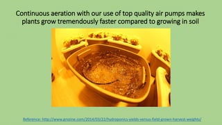 Continuous aeration with our use of top quality air pumps makes
plants grow tremendously faster compared to growing in soil
Reference: http://www.grozine.com/2014/03/22/hydroponics-yields-versus-field-grown-harvest-weights/
 